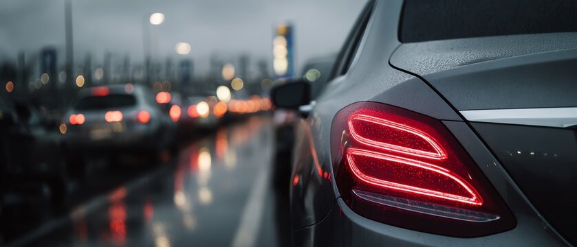 Nighttime city traffic with car tail lights.