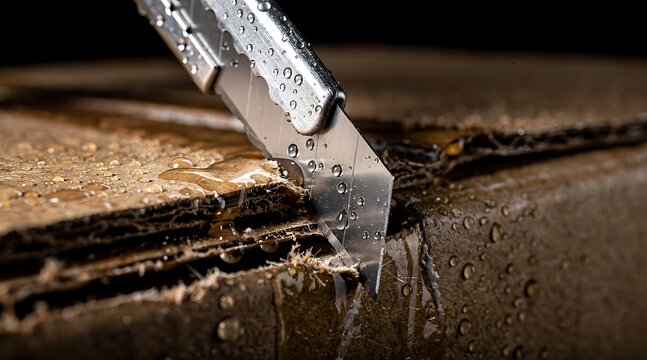 Close up of a utility knife cutting through a wet dark wooden board.