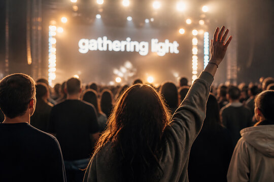A crowd of people attending a concert or event with bright stage lights.