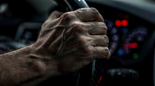 Close up of an elderly person hands holding a steering wheel while driving.