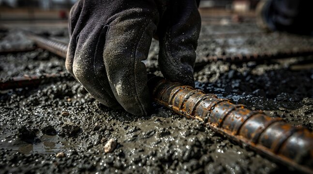 Construction worker wearing gloves positioning steel rebar in wet concrete.