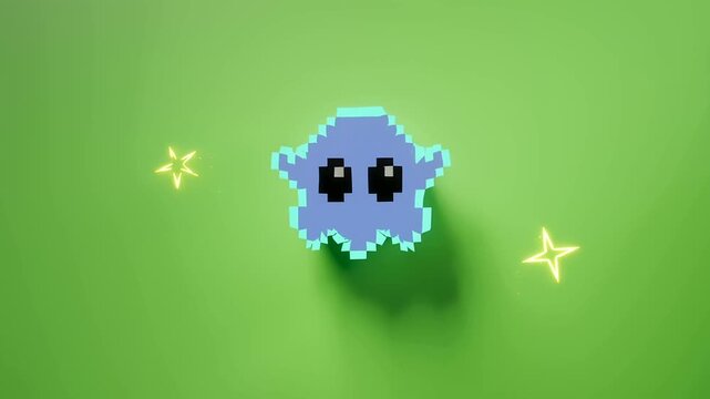 Simple Green Halloween Background Cute Pixel Art Creature With Glowing Stars on Green Background Whimsical Digital