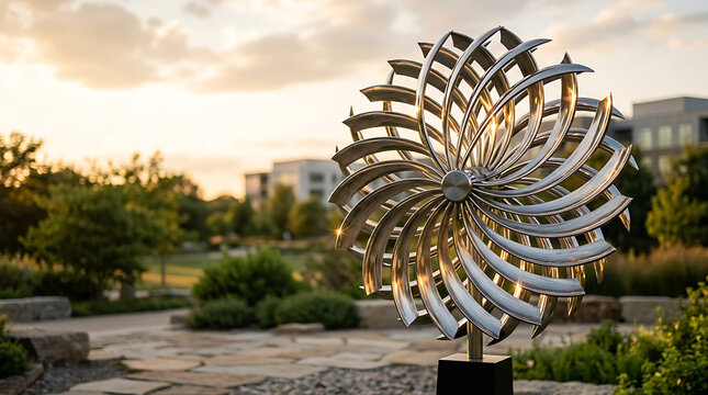 Polished stainless steel kinetic sculpture featuring radial curved blades in a public garden at sunset with golden light reflections and blurred modern architecture background.