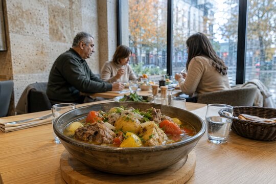 Varias comidas tradicionales de Europa y Asia en un restaurante