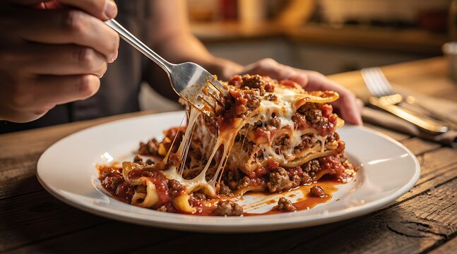 Delicious Homemade Lasagna with Melted Cheese Pull on a Plate.