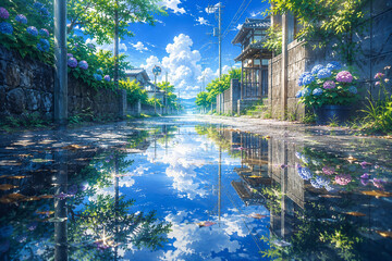 Obraz premium 雨上がりの水たまりに映る青空と入道雲 紫陽花が咲く日本の住宅街 夏の風景 イラスト