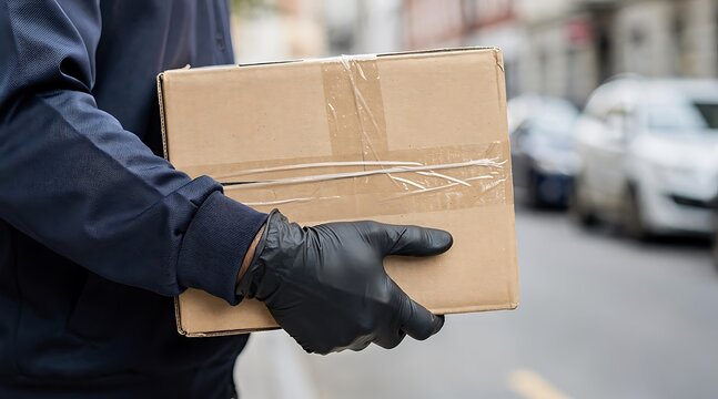 Delivery person in uniform carrying a cardboard parcel box.