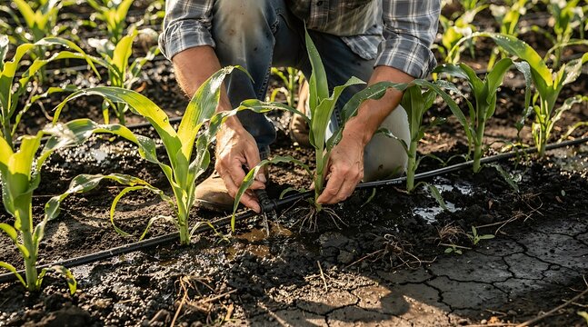 Farmer examining young corn crops with irrigation system in field.