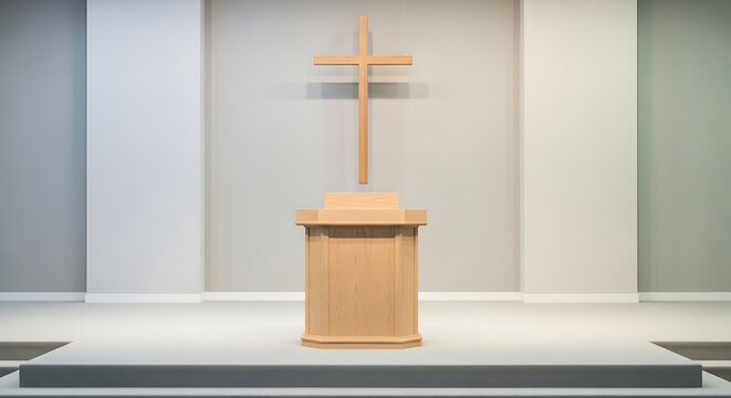 Wooden church pulpit with a cross in a modern sanctuary