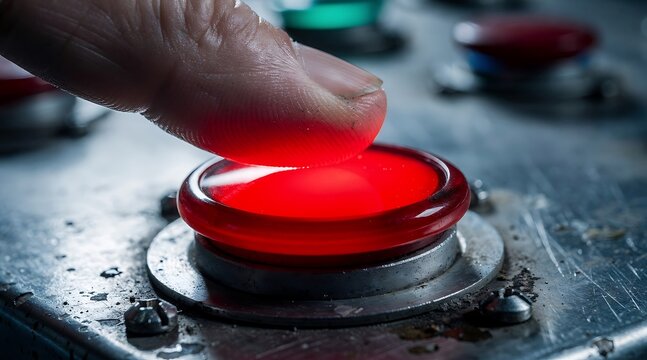 Finger pressing a glowing red emergency stop button on industrial machinery.