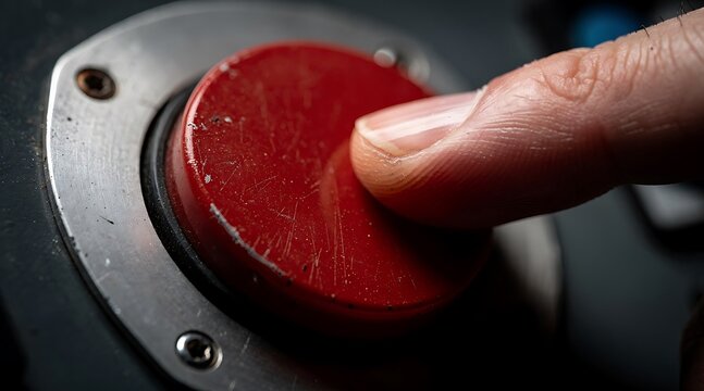Finger pushing a large industrial red emergency stop button.