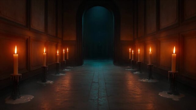 Cinematic candle hallway background glow leads into dark mysterious corridor with dripping wax flame reflection old floor and moody atmosphere of eerie suspense cinematic candle corridor glows with
