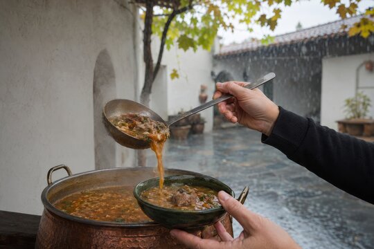 Sopa caliente servida durante la lluvia en un lugar tradicional