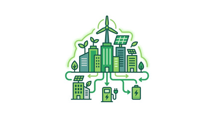 Green energy city infrastructure illustration with wind turbine and solar panels. © Shodaime
