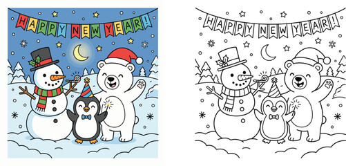 Fototapeta premium Happy New Year coloring page for kids vector illustration with cute cartoon polar bear, penguin, snowman, banner, sparkler and night sky scene.