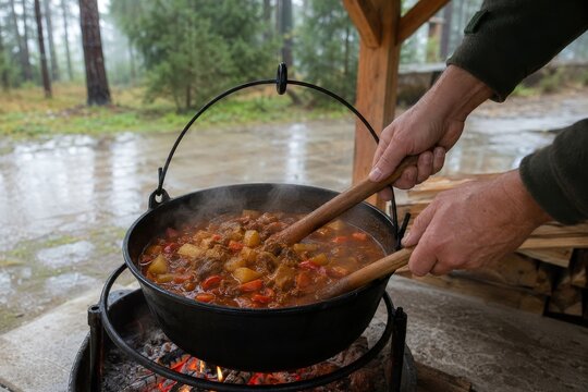 Preparaci&oacute;n de un guiso sobre el fuego en un entorno natural