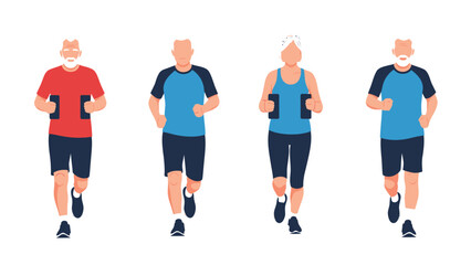 Obraz premium Group of active senior people jogging and exercising with dumbbells, promoting healthy lifestyle and fitness in old age.