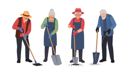 Obraz premium Elderly people gardening, digging, and raking in a flat vector illustration style.