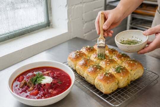 Preparaci&oacute;n de un plato tradicional de borscht y pan fresco en una cocina
