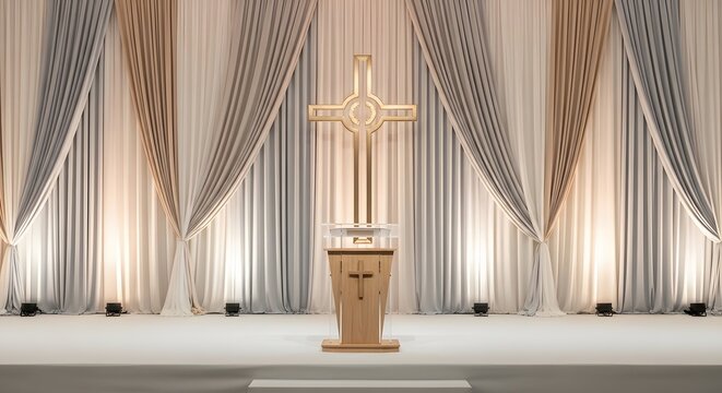 Wooden church pulpit with cross against elegant curtains