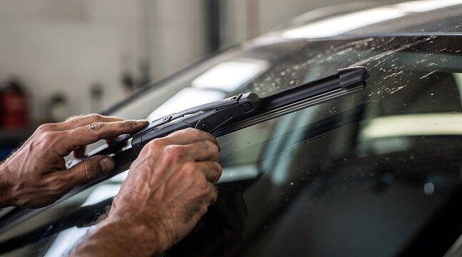Mechanic replacing windshield wiper blades on a car.