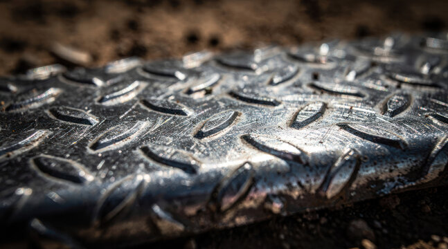 Diamond plate steel sheet with dirty surface texture on the ground