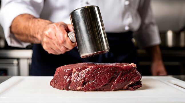 Professional chef tenderizing raw beef steak with a metal meat mallet.