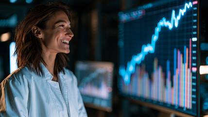 Fototapeta premium A professional woman with brown hair stands in a dimly lit office, smiling as she looks to her right. she wears a clean white jacket. Ai generat