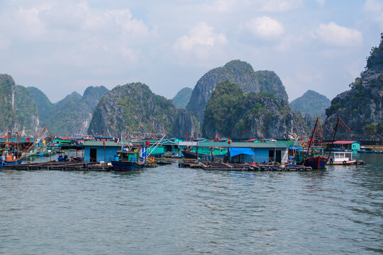 Natural scenery of aquaculture in Ha Long Bay, Vietnam