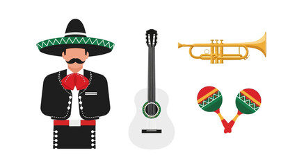 Mexican Mariachi Musician and Musical Instruments Set © Romadon