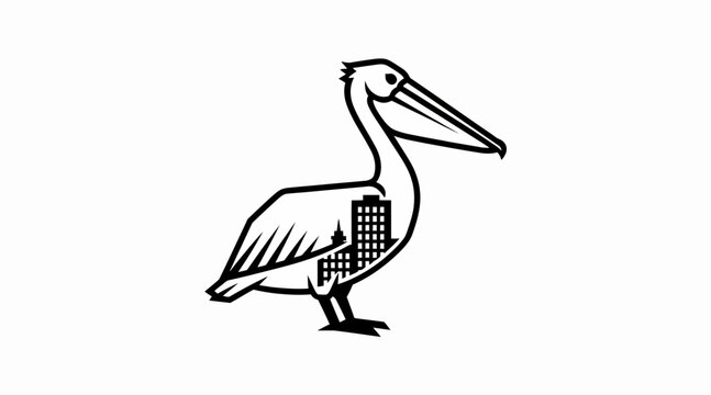 Black and white pelican illustration standing still.