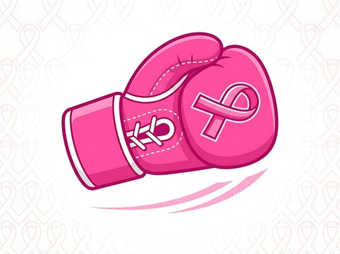 Pink boxing glove with breast cancer ribbon. Symbol of fighting cancer and health awareness.