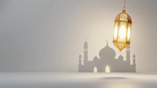 Minimalist white and gold Islamic scene featuring a glowing ornate hanging lantern on the right side and a subtle mosque silhouette in the background for Ramadan or Eid greeting.