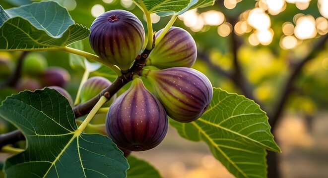 Ripe purple figs hanging from a branch with green leaves and blurred golden sunlight fruit tree