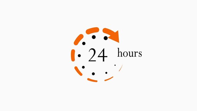 24 hours service loading animation, continuous clock cycle for business support and delivery logistics, minimalist orange