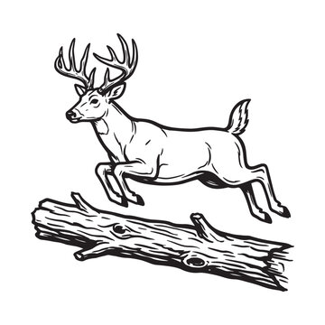 Black and white line drawing of a deer jumping over a log