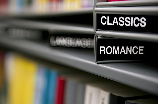 Close up of library shelves with books and section labels for Romance and Classics