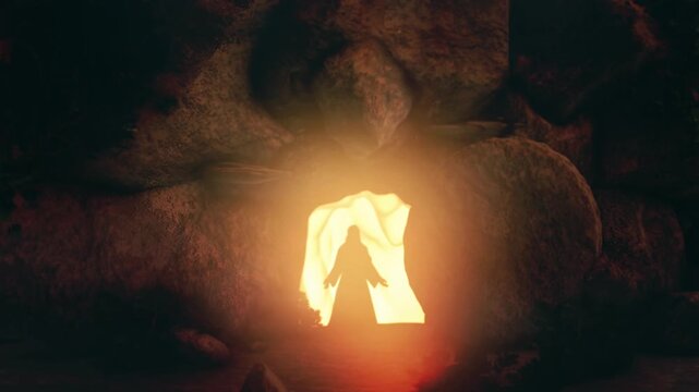 Jesus Christ silhouette standing in the bright light of an open tomb entrance in this religious animation video