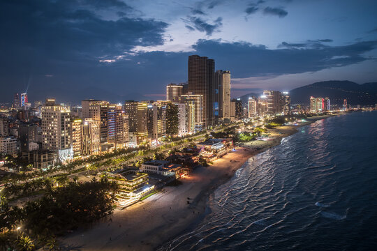 Aerial view of the skyline and nightscape of Da Nang, a coastal city in Vietnam.