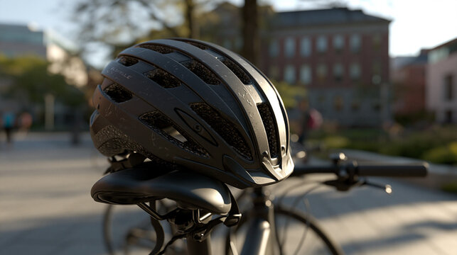 Cycling helmet rests on a bicycle seat in front of a blurred academic building.