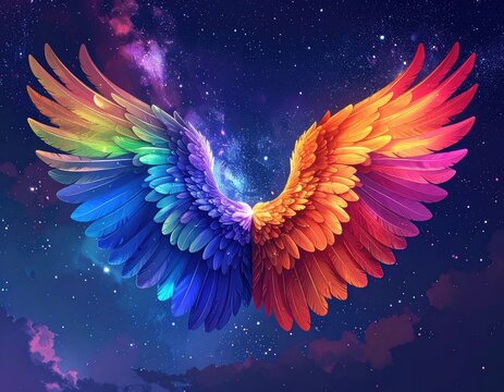 Vibrant rainbow wings spread across a starry, cosmic night sky