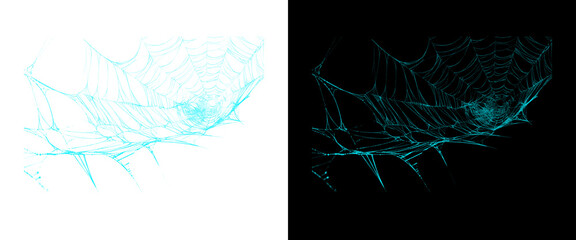 Glowing cyan spider web set, neon blue cobweb design elements on black and white backgrounds, spooky digital spiderweb graphics for Halloween © MuftiMoklesur