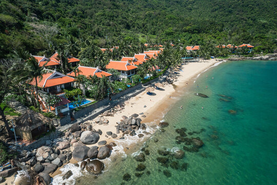 Aerial view of the natural scenery of Son Tra Peninsula beach resort in Da Nang, Vietnam