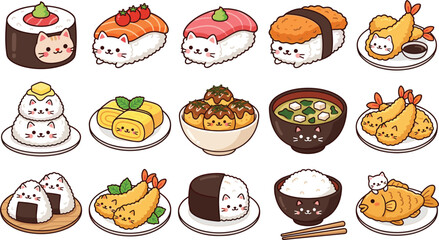 Cute Kawaii Cat Sushi and Japanese Food Vector Icon Set Featuring Character Illustrations of Onigiri, Tempura, Ramen, and Takoyaki for Menu Design © Hazara
