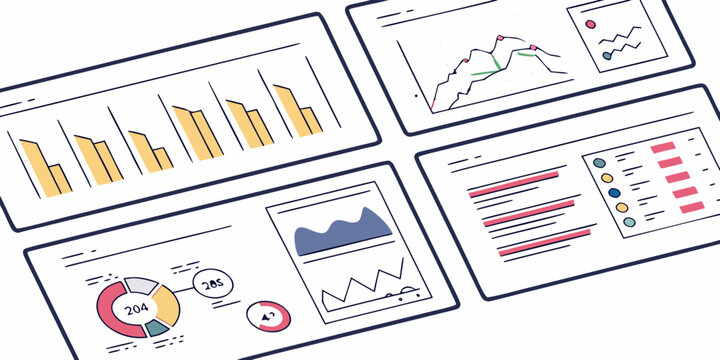 Set of 50 flat marketing analytics on white background, charts, graphs, and data visualization bar chart