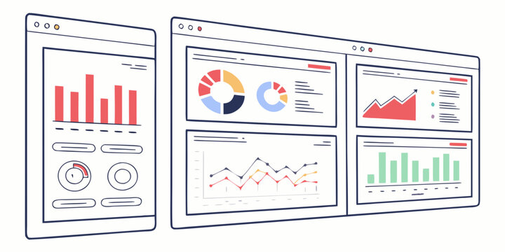 Set of 50 flat marketing analytics charts and graphs on white background, bar chart pie chart