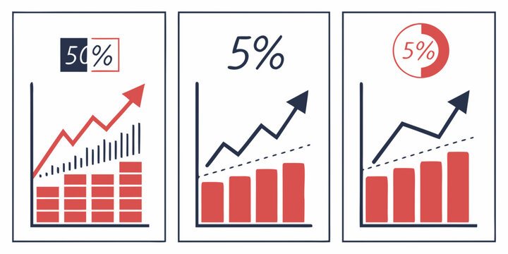 Business growth charts showing 50%, 5%, and 5% increase with red and white bars