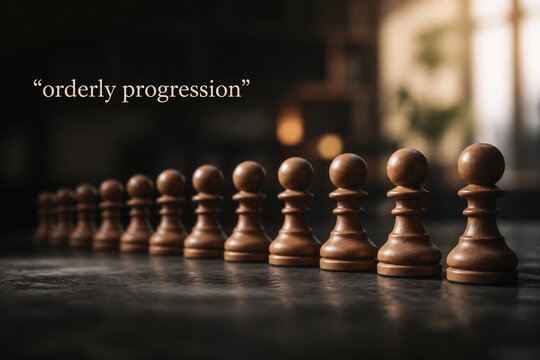 A line of wooden chess pawns on a dark surface with the text orderly progression.
