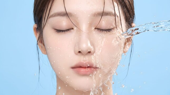 Young woman washing face with water. Beauty portrait with refreshing splash on blue background.