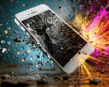 High-Speed Shattering Smartphone with Neon Light Trails &ndash; AI Generative